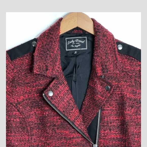 Lucky Brand Blazer Jacket Red Black Boucle Fabric Longer Length Silver Hardware - Picture 5 of 12